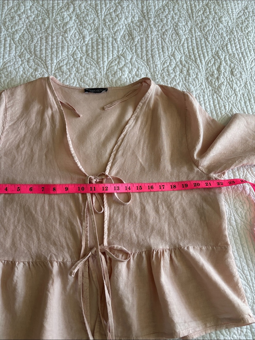 Francesca Bettini Pale Blush Tie-Front Peplum Blouse Linen Blend Italy Size L - Picture 6 of 11